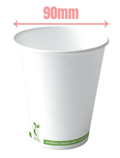 Detpak 16oz single wall white PLA hot cup, 1000 per carton, 89mm lid diameter, sustainable coffee cup