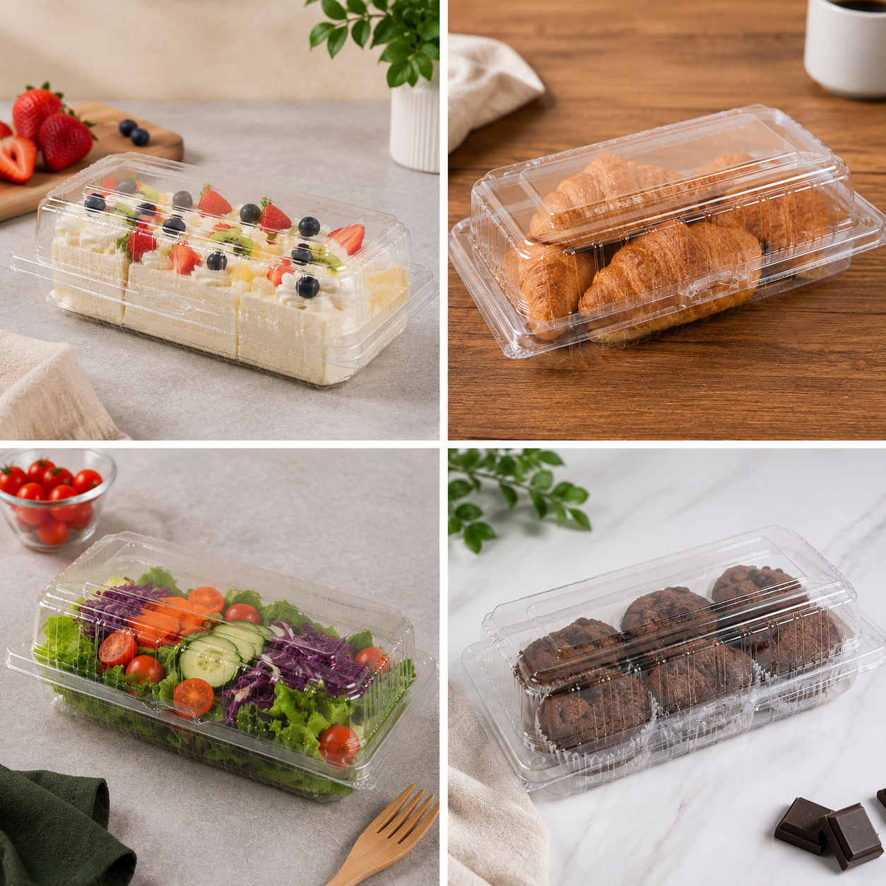 Clear clamshell cake containers 190x240x35mm stacked wholesale, showing pastry and slice display use