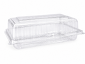 Clear clamshell cake containers 190x240x35mm stacked wholesale, showing pastry and slice display use