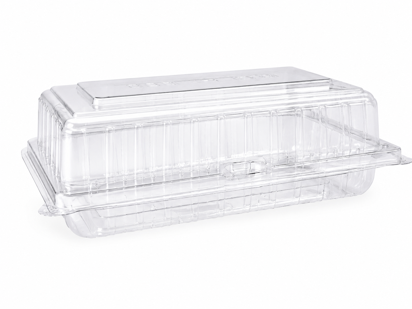 Clear clamshell cake containers 190x240x35mm stacked wholesale, showing pastry and slice display use