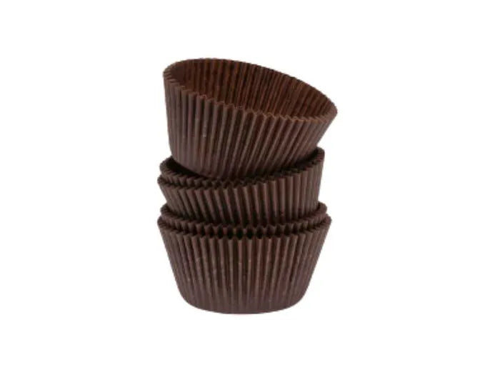 Three dark brown fluted paper cupcake liners stacked on a plain white background.