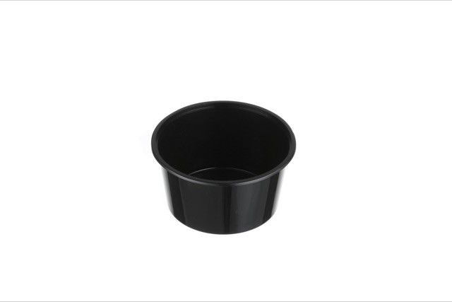 Genfac black round 440ml takeaway container base with straight tapered sides, shown empty on white background