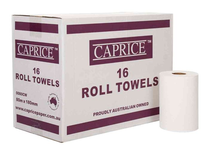 Caprice white paper roll towels 80m on holder in commercial washroom, 16 rolls per carton bulk supply