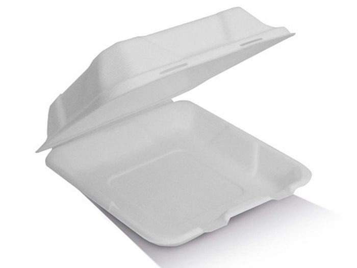 White sugarcane compostable dinner clamshell 9 inch 229x229mm for eco food packaging at catering and events