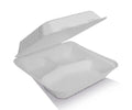 White sugarcane bagasse 3-compartment dinner clamshell, 9 inch, compostable takeaway container