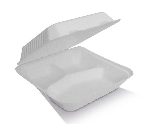 White sugarcane bagasse 3-compartment dinner clamshell, 9 inch, compostable takeaway container