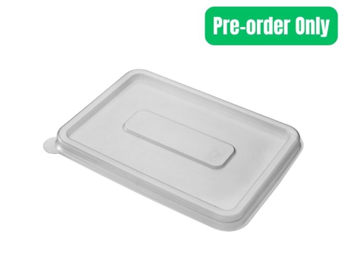 Clear PET lid for 650ml rectangular sugarcane container with raised centre panel and small pull tab