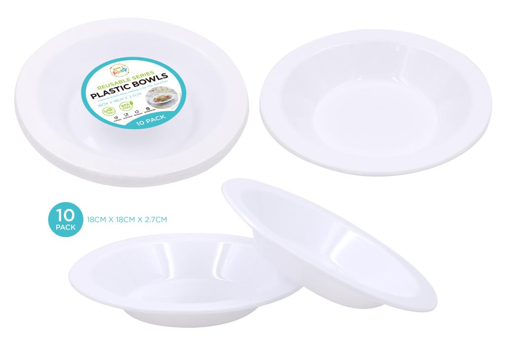 Ten white heavy-duty reusable plastic bowls, 18cm diameter, 2.7cm depth, stacked for restaurant and catering service use