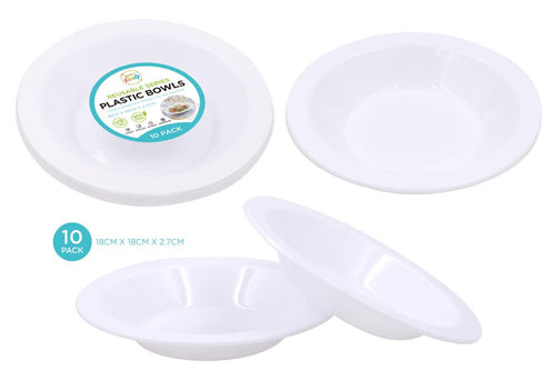 Ten white heavy-duty reusable plastic bowls, 18cm diameter, 2.7cm depth, stacked for restaurant and catering service use
