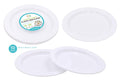 10-pack white reusable plastic round side plates 18cm diameter, heavy duty, stacked for bulk catering use