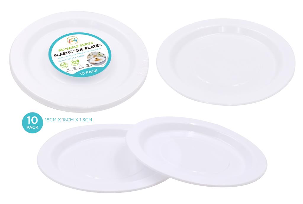 10-pack white reusable plastic round side plates 18cm diameter, heavy duty, stacked for bulk catering use