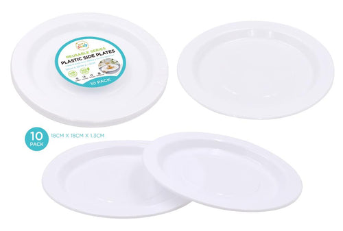 10-pack white reusable plastic round side plates 18cm diameter, heavy duty, stacked for bulk catering use