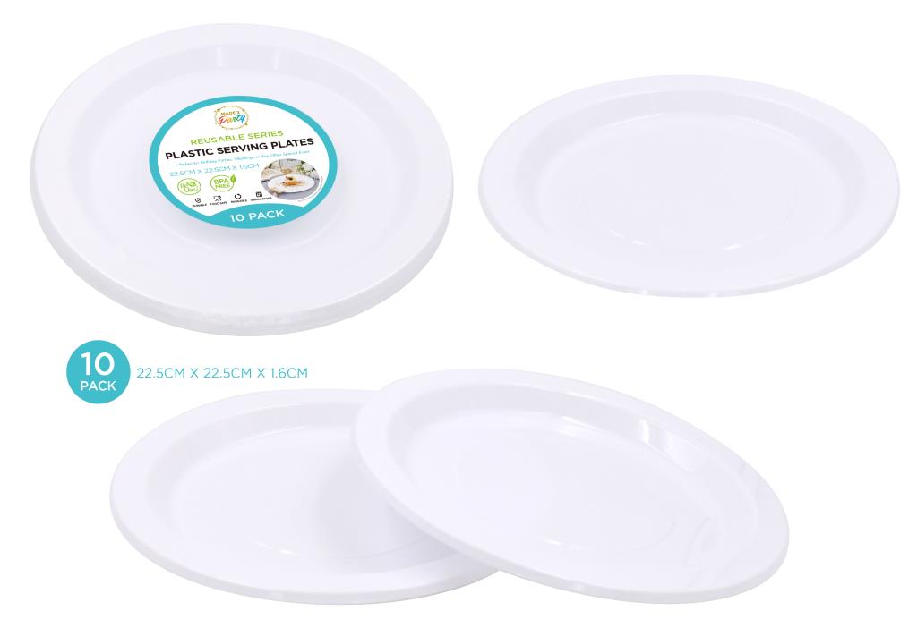 10-pack white reusable heavy-duty plastic large round plates 22.5cm, flat stacked for bulk catering supply