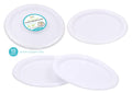 10-pack white reusable heavy-duty plastic round dinner plates 25.5cm, stacked in bulk catering pack