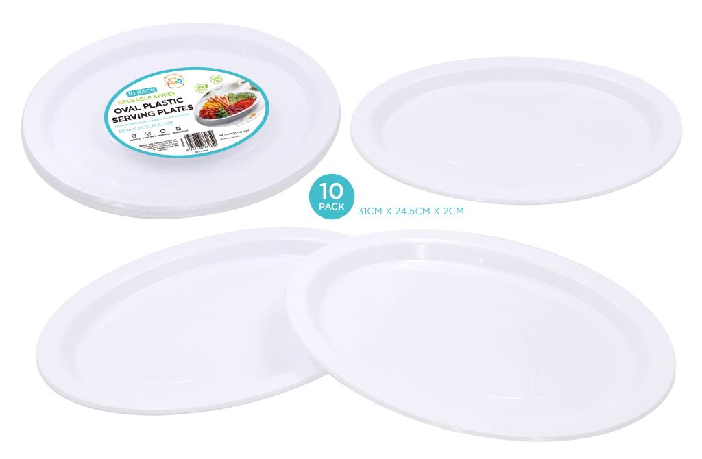 White heavy-duty reusable plastic oval plates 31x24.5cm, 10-pack for catering and event hospitality use