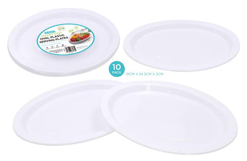 White heavy-duty reusable plastic oval plates 31x24.5cm, 10-pack for catering and event hospitality use
