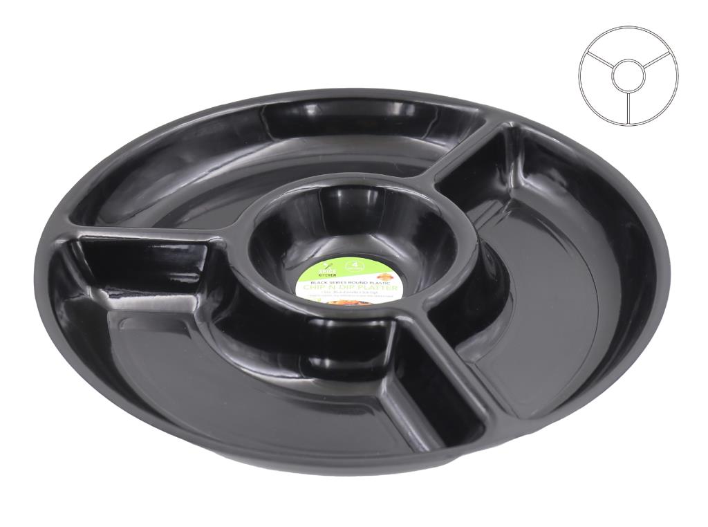 Black round plastic chip and dip platter 30cm for catering and party buffet service