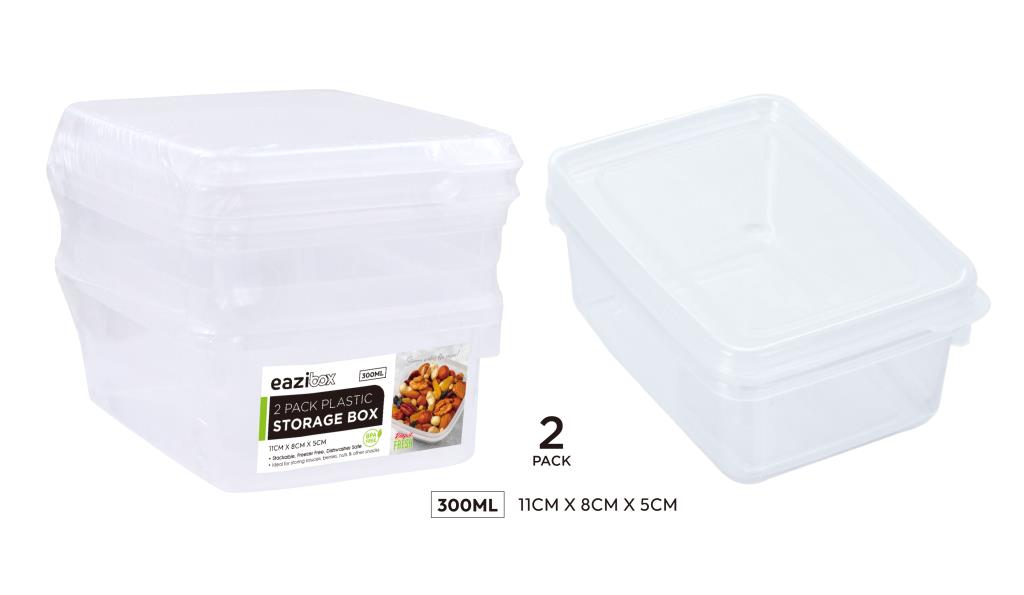 Two clear heavy-duty plastic containers with lids, 300ml capacity, 11x8x5cm, for food storage and hospitality use