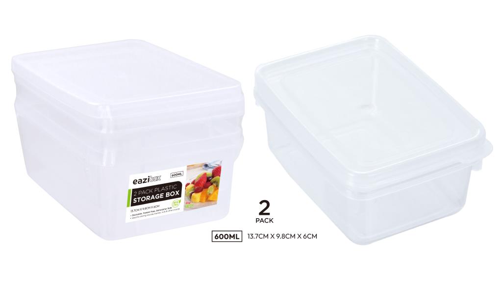 Two clear heavy-duty plastic containers with lids, 600ml capacity, 13.7x9.8x6cm, suitable for food storage and catering