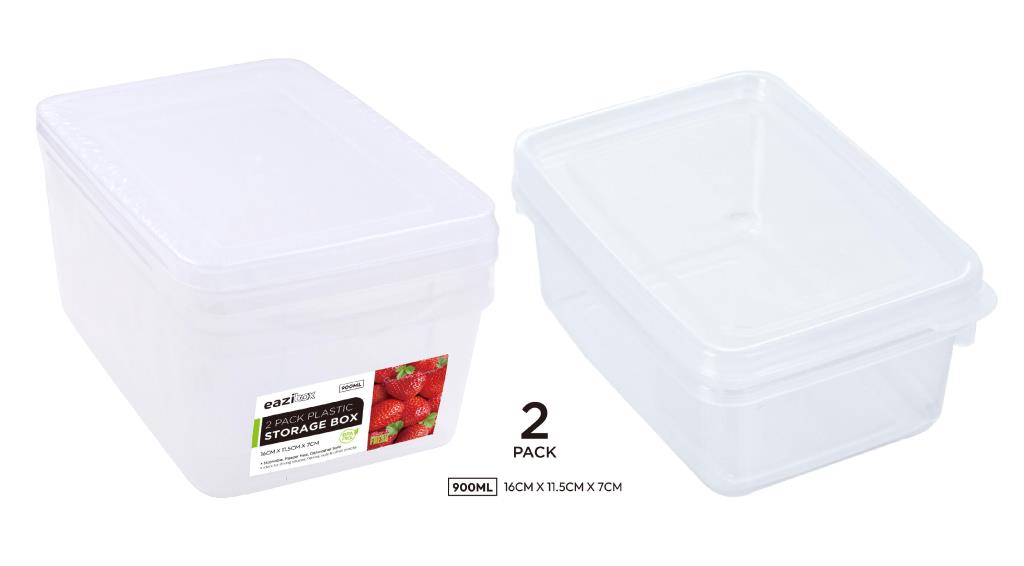Two clear heavy-duty plastic containers with lids, 900ml capacity, 16x11.5x7cm, for wholesale restaurant and catering use