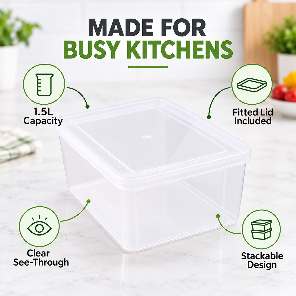 Food storage container features: 1.5L capacity, fitted lid, clear see-through, stackable