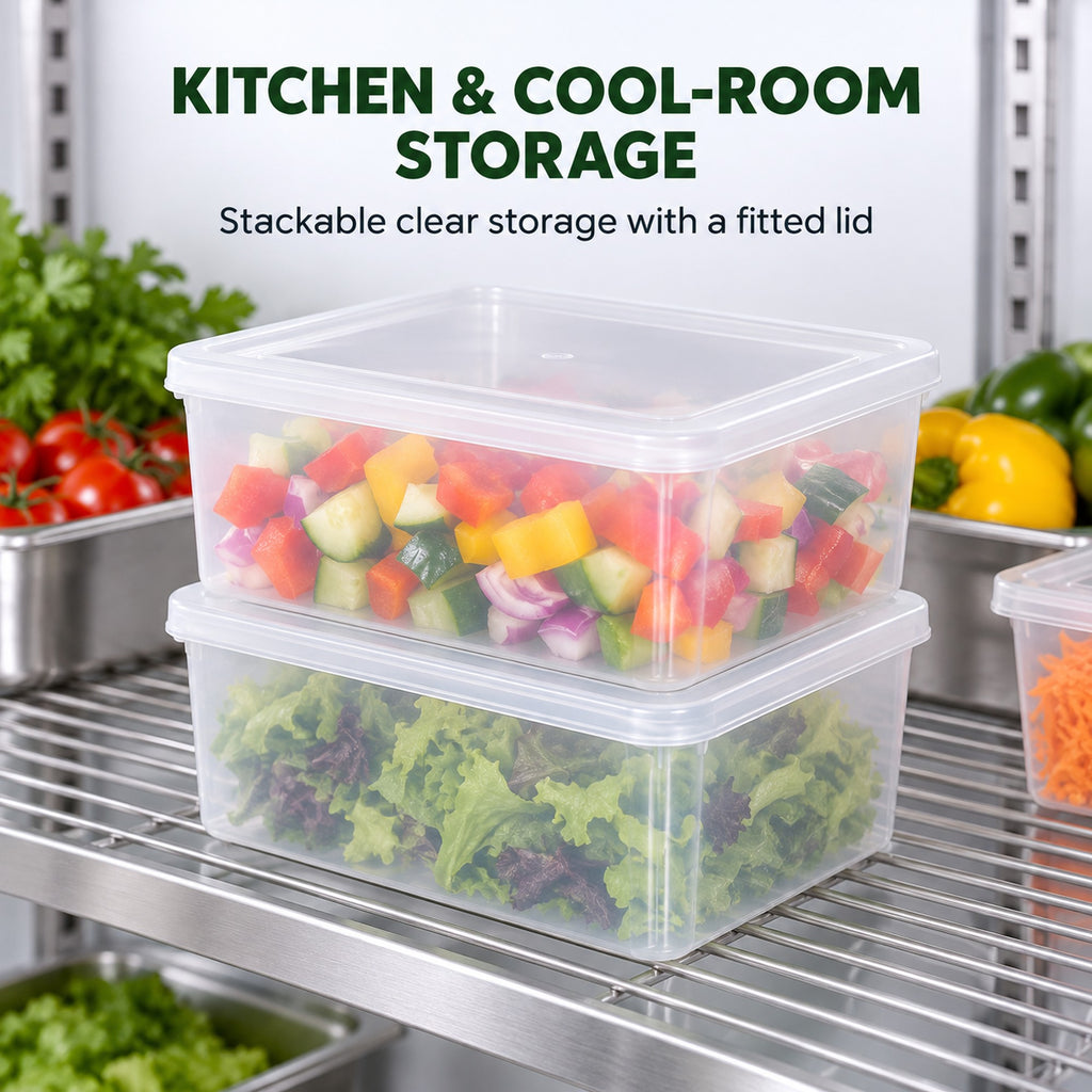 Clear food storage containers stacked on a cool-room shelf holding prepped kitchen ingredients