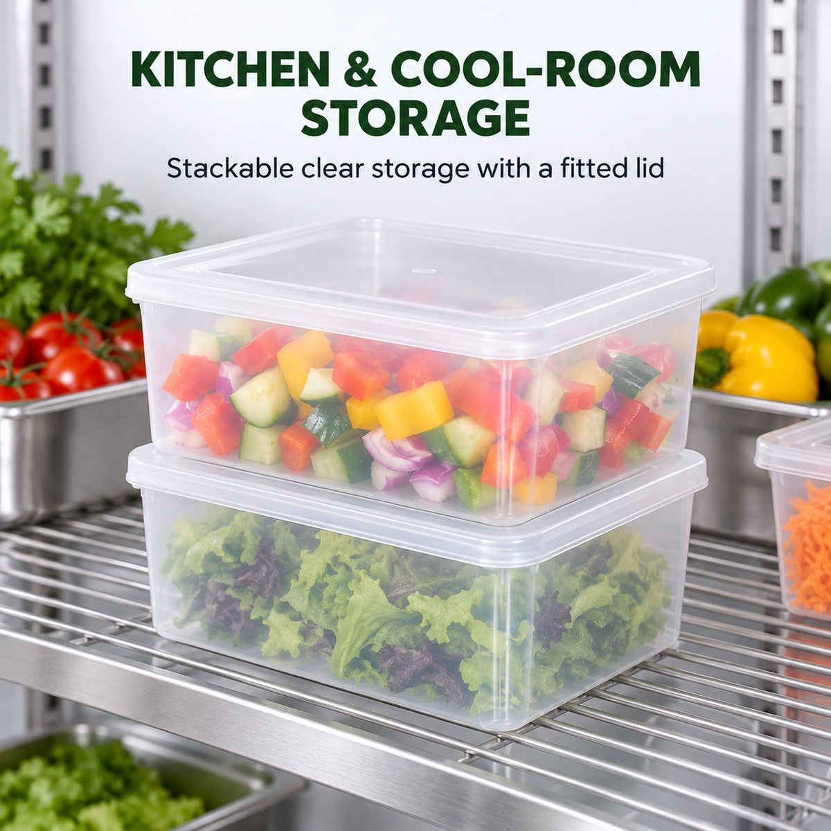 Clear food storage containers stacked on a cool-room shelf holding prepped kitchen ingredients