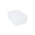 Clear 1.5L plastic food storage container with a fitted lid, on a white background