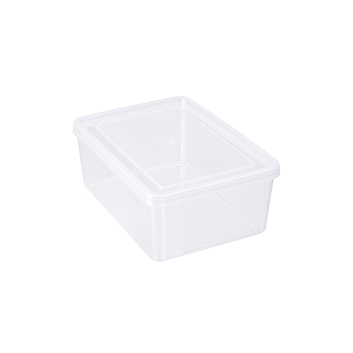 Clear 1.5L plastic food storage container with a fitted lid, on a white background