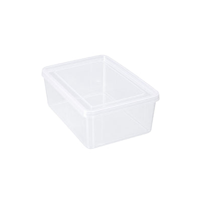 Clear 1.5L plastic food storage container with a fitted lid, on a white background
