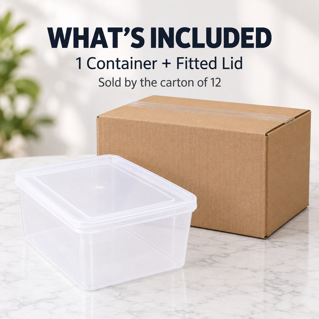 Food storage container: 1 container plus fitted lid per pack, sold by the carton of 12