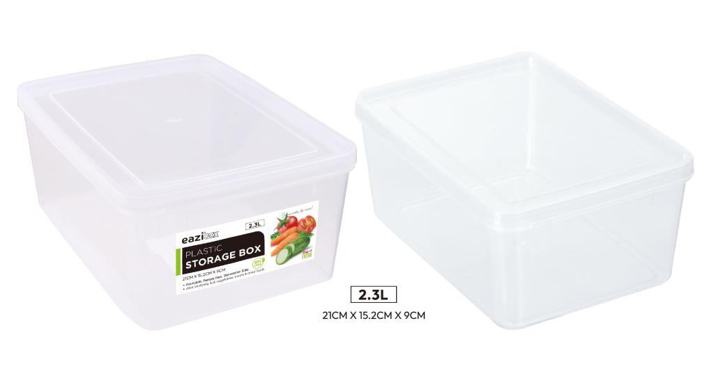 Heavy-duty clear plastic container with lid, 2.3 litre capacity, 21x15.2x9cm, for bulk commercial kitchen and catering storage