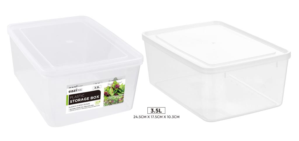 Large heavy-duty clear plastic container with lid, 3.5 litre capacity, 24.5x17.5x10.3cm, for catering and commercial food storage