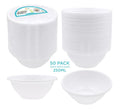 Fifty reusable plastic round snack bowls, 11cm diameter, stacked bulk pack for café and event catering service