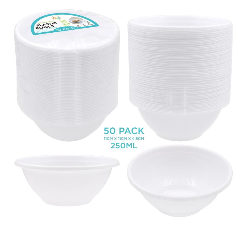 Fifty reusable plastic round snack bowls, 11cm diameter, stacked bulk pack for café and event catering service