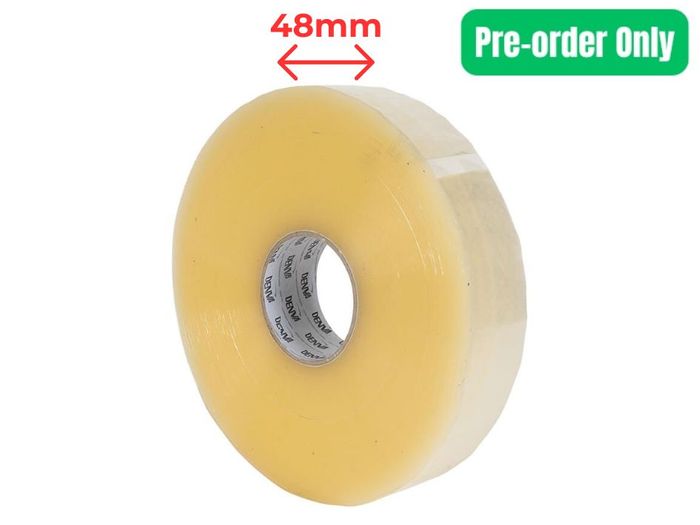 Clear BOPP machine packaging tape roll - 48mm x 1000m, Denva brand, for carton sealing machines and high-volume dispatch