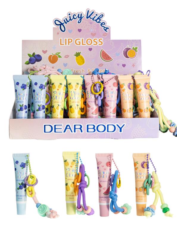 Juicy Vibes flavoured lip gloss 14ml in 4 assorted flavours, novelty scented lip gloss display box