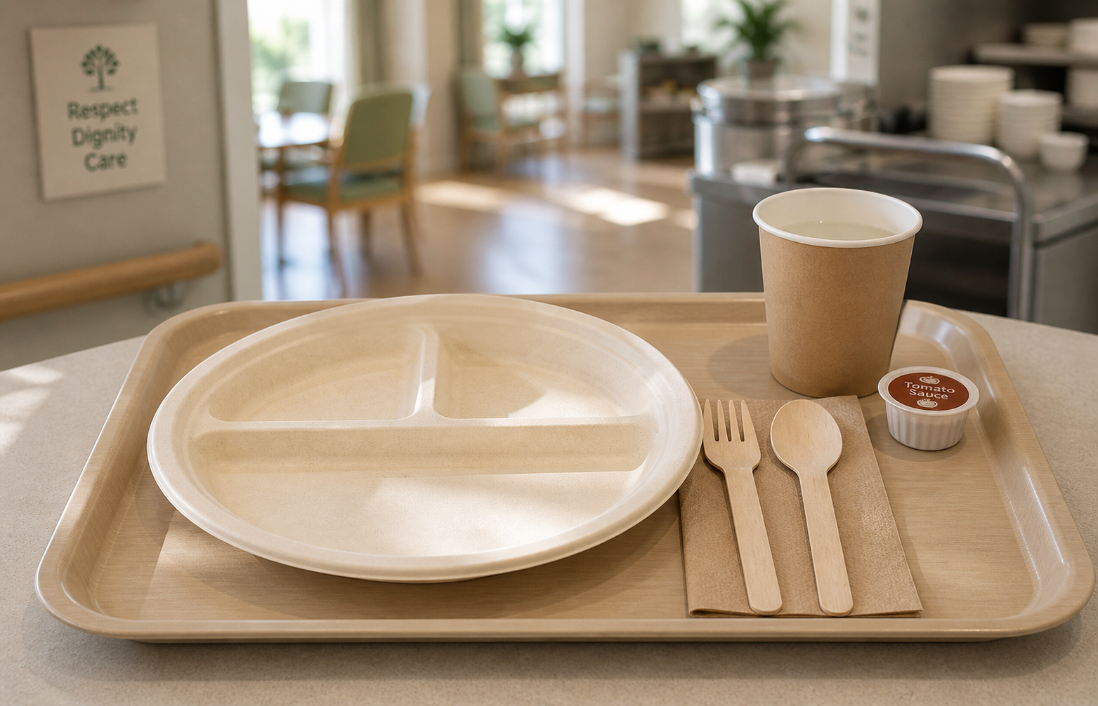 Plastic-ban compliant meal service for Melbourne aged care - paper plates, wooden cutlery, kraft napkins on resident meal tray