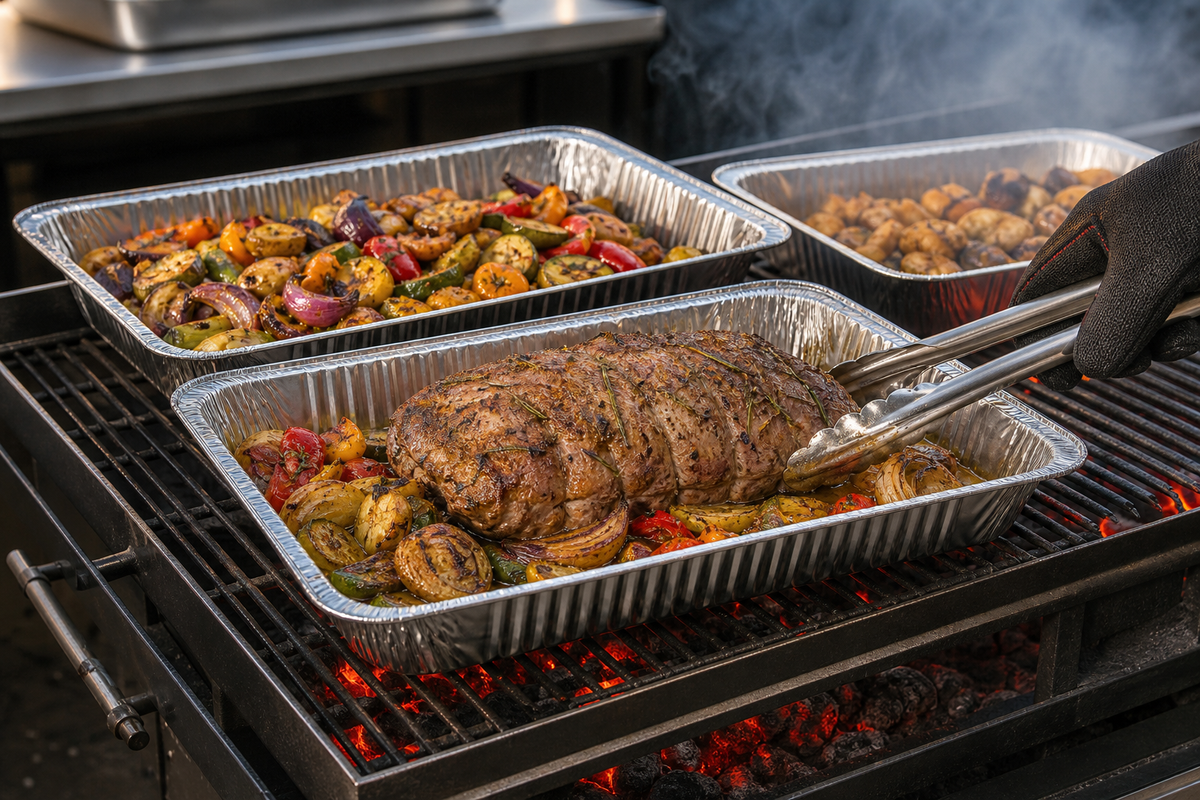Heavy-duty foil trays of vegetables and joints on a commercial grill with a chef tending them
