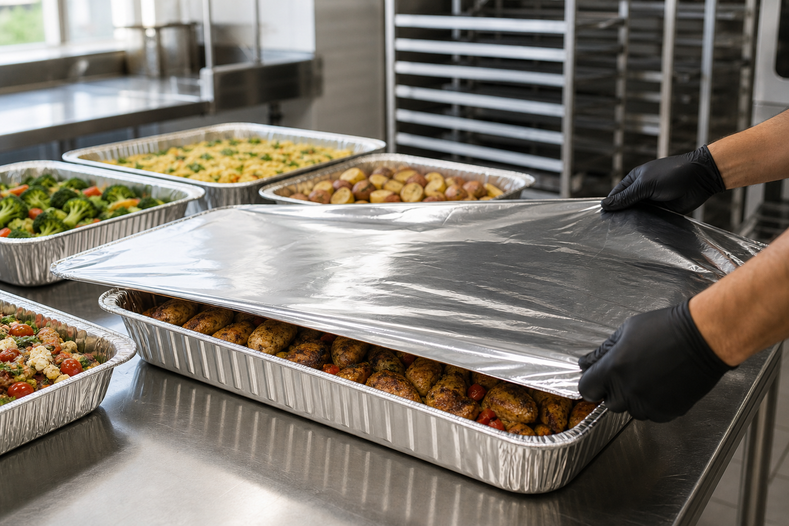 Caterer covering full-size foil catering trays with a sheet of 44cm foil before loading a transport rack