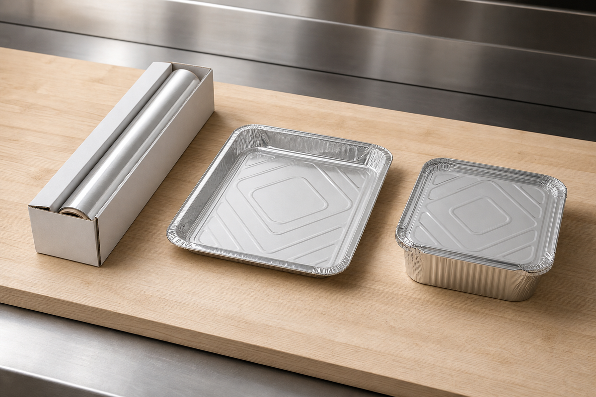 Foil roll, gastronorm catering tray and lidded takeaway container arranged on a clean prep bench