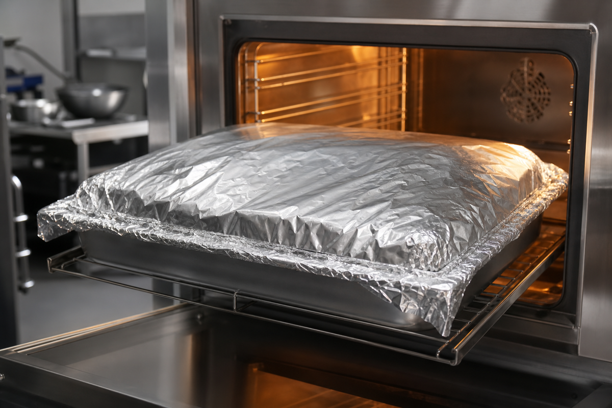 Heavy-duty aluminium foil covering a roasting tray in a commercial oven