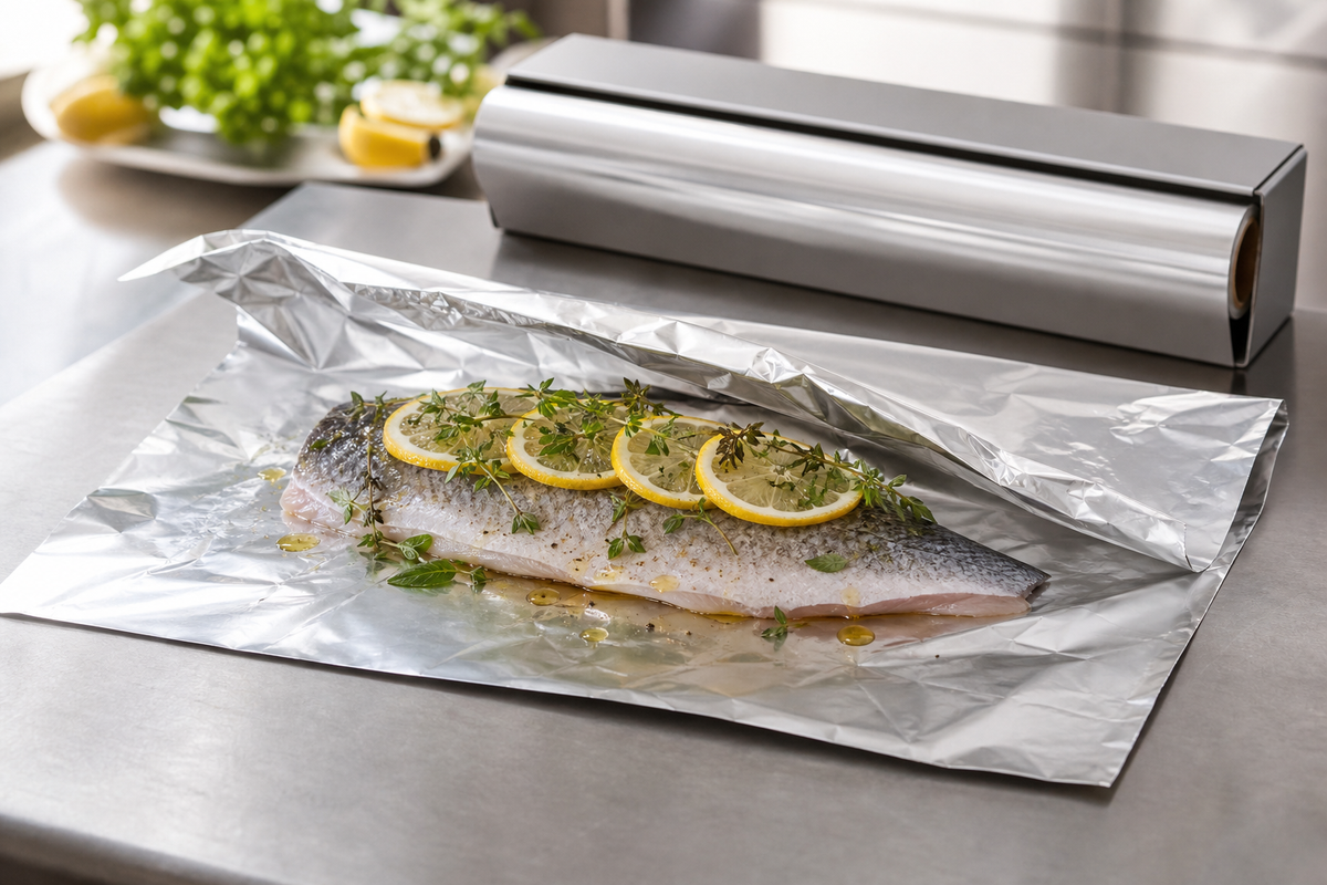 Herb and lemon fish parcel wrapped in foil on a stainless steel prep bench under natural light