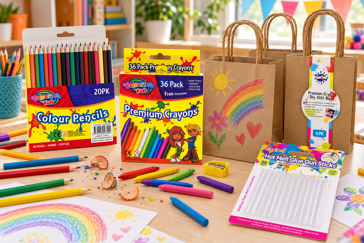Art and craft supplies on a classroom table - colour pencils, crayons, craft gift bags and hot-melt glue sticks