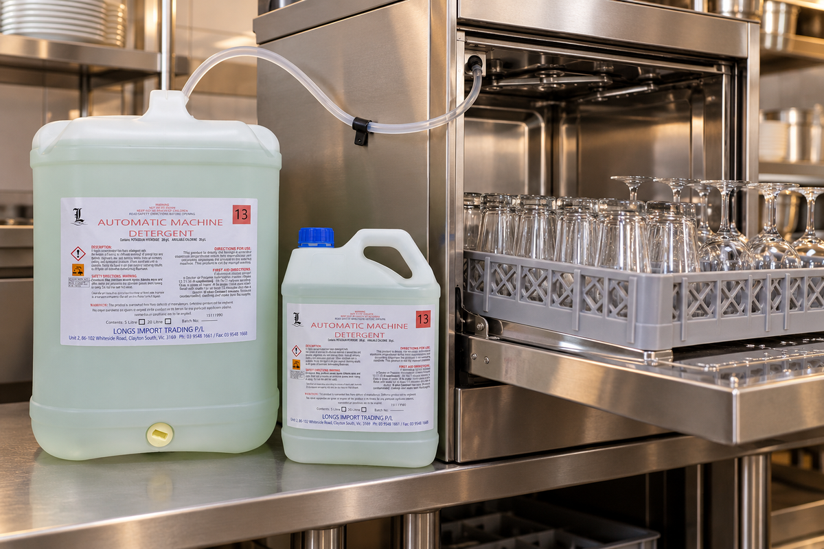 Commercial under-counter dishwasher dosing low-foam automatic machine detergent from a 20L drum.
