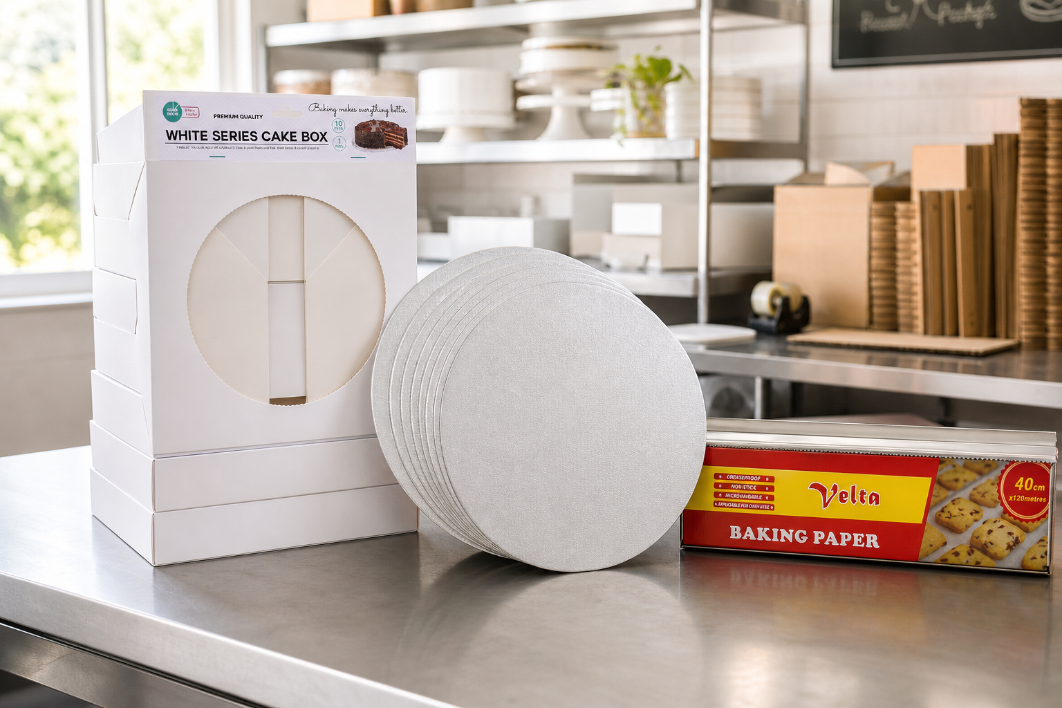 Wide view of a bakery dispatch bench with stacked cake boxes, cake boards and a baking paper roll ready for a wholesale order