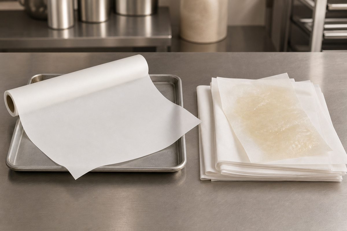 Baking paper roll beside a stack of greaseproof paper sheets on a stainless bench