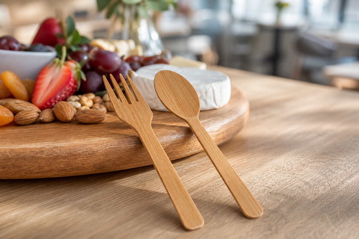 Smooth bamboo fork and spoon resting on a cafe grazing board