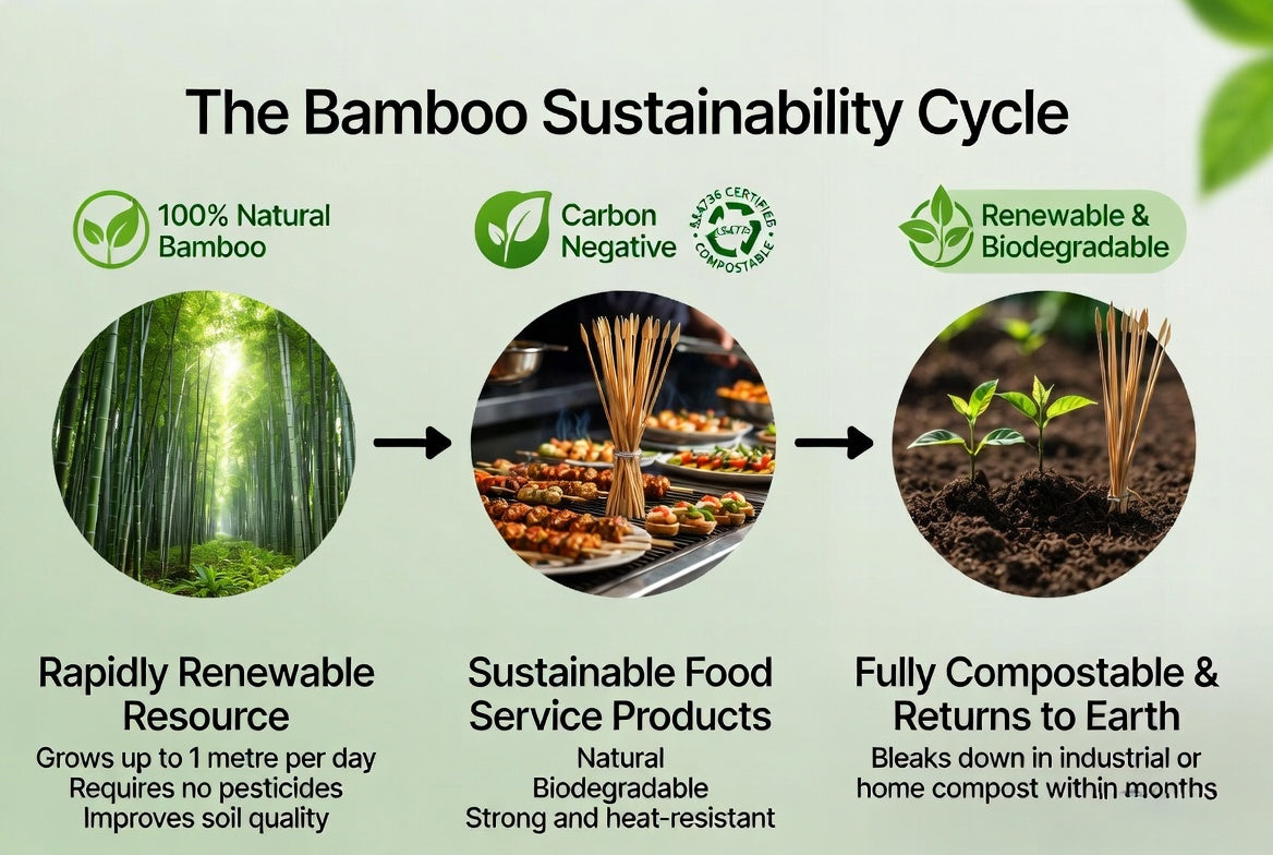 Eco-friendly bamboo skewers sustainable compostable biodegradable food service Australia