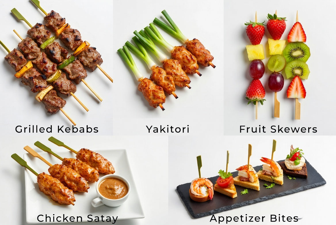 Bamboo skewers food uses kebabs satay yakitori BBQ grilling catering